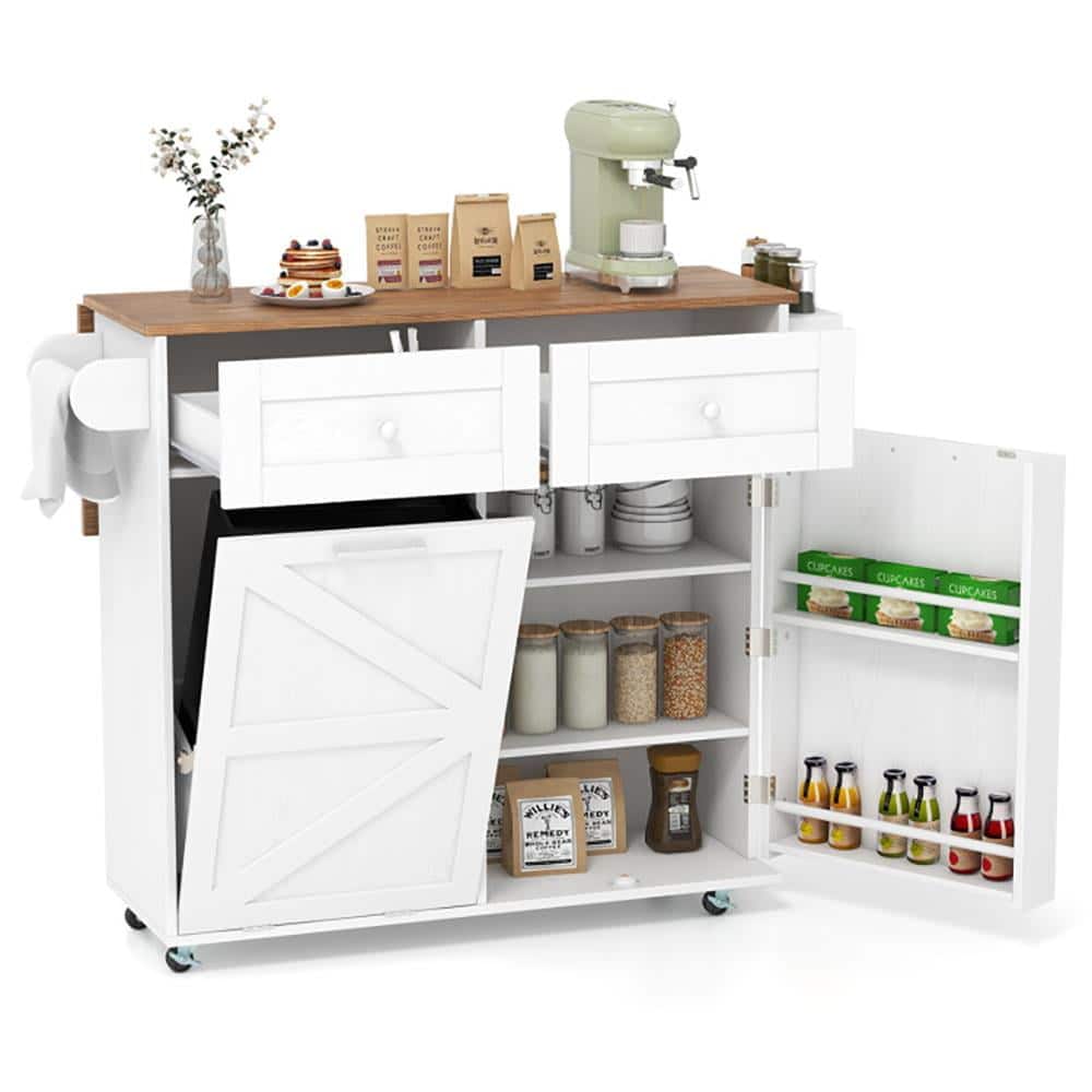 Kadyn - Kitchen Cart, Kitchen Island Cart,Rolling Kitchen Island with Trash Can Cabinet and Rubber Universal Wheels-White - White