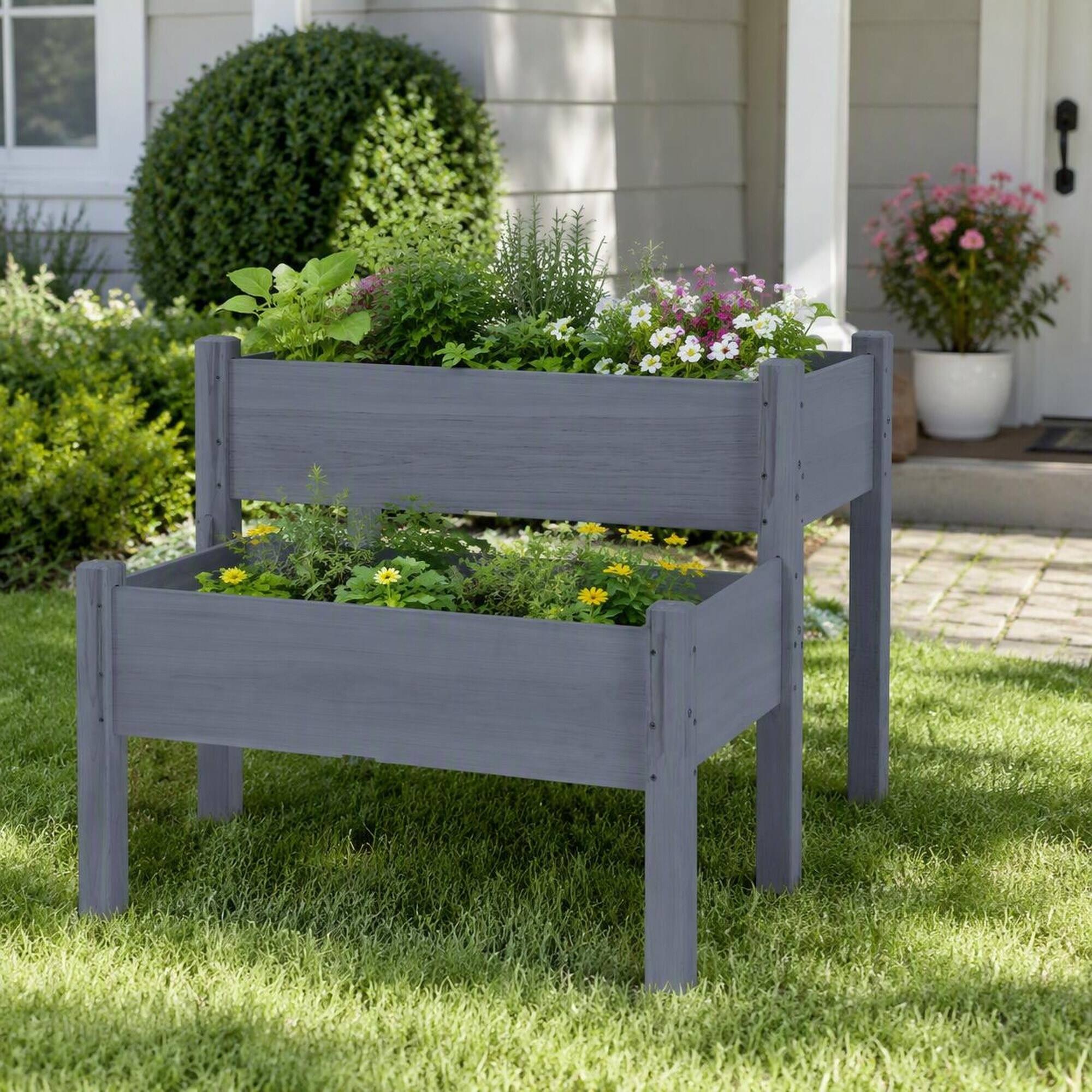 Alt View 1. RYHNUYNE - Raised Garden Bed 2-Tier Elevated Wood Planter Box for Patio Backyard to Grow Vegetables Herbs Flowers Gray - Gray.