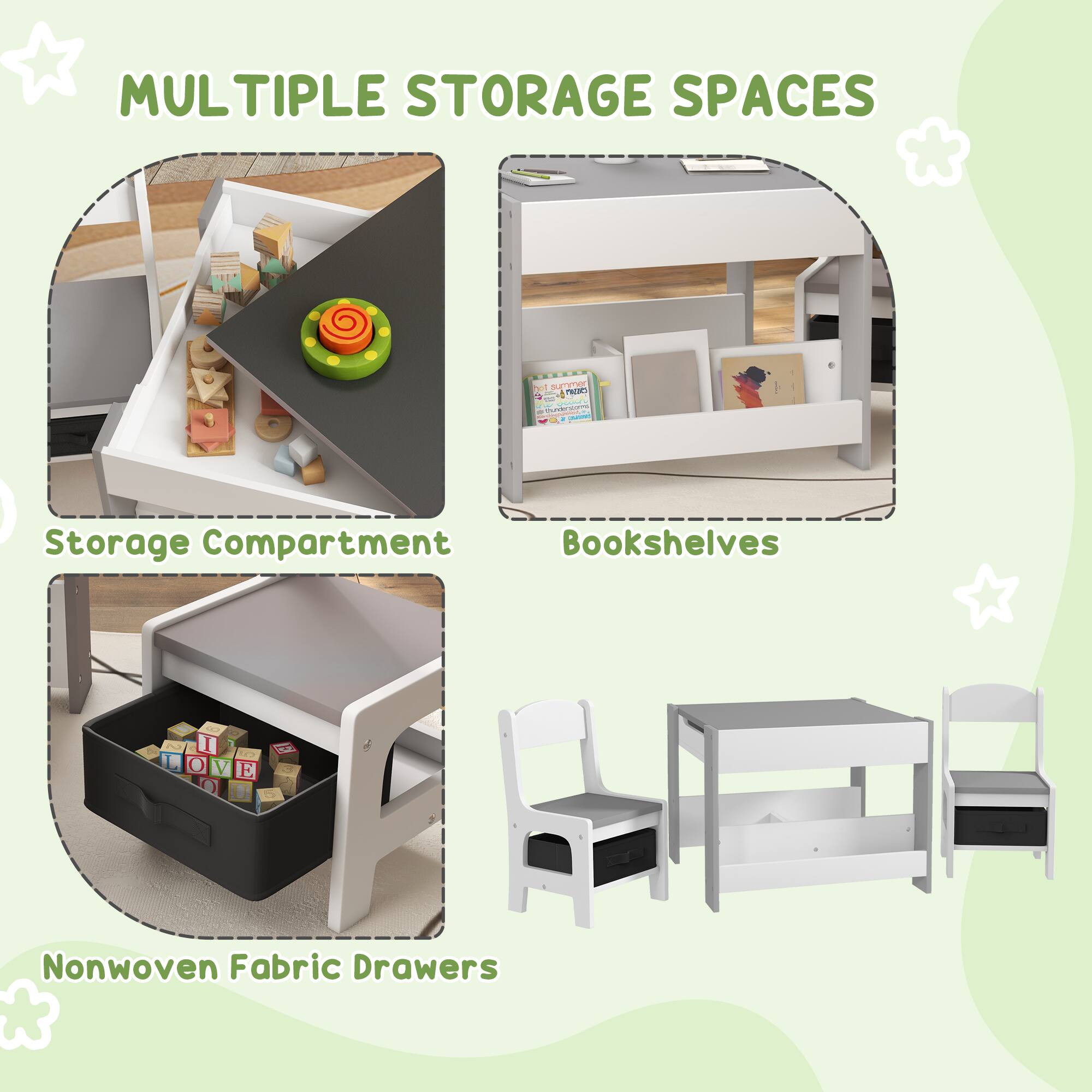 MULTIPLE STORAGE SPACES

- Storage Compartment
- Bookshelves
- Nonwoven Fabric Drawers