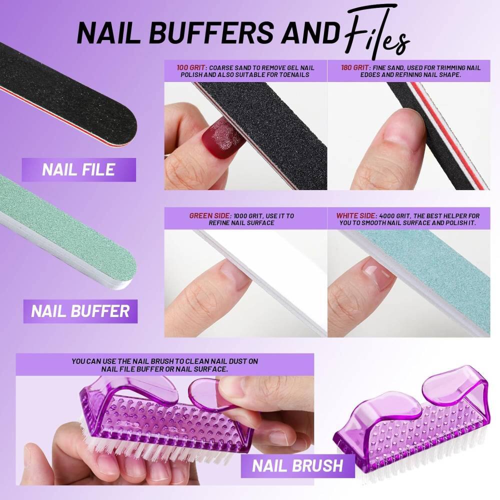 Nail Buffers and Files

Nail File
- 100 GRIT: Coarse sand to remove gel nail polish and also suitable for toenails.
- 180 GRIT: Fine sand, used for trimming nail edges and refining nail shape.

Nail Buffer
- Green Side: 1000 GRIT, use it to refine nail surface.
- White Side: 4000 GRIT, the best helper for you to smooth nail surface and polish it.

Nail Brush
- You can use the nail brush to clean nail dust on nail file buffer or nail surface.