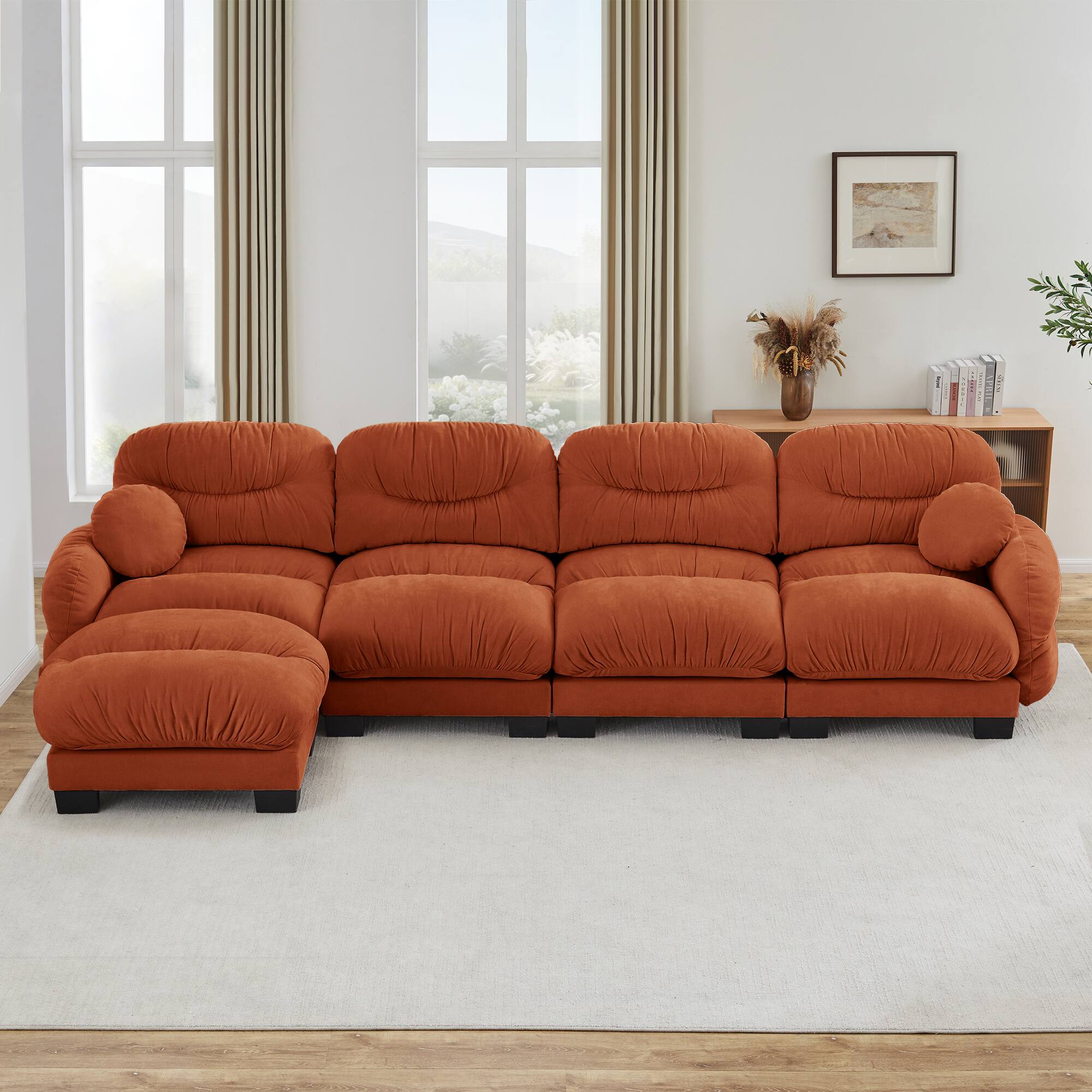 Left. Anysun - 4-Seater L Shape Sectional Couch with Ottoman, Chenille Fabric, High-Density Foam & Curved Armrests for Living Room - Orange.