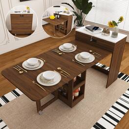 Loheer - 74 inch Expandable Dining Table with Power Socket, Walnut Imitation Marble Surface - Natural Walnut