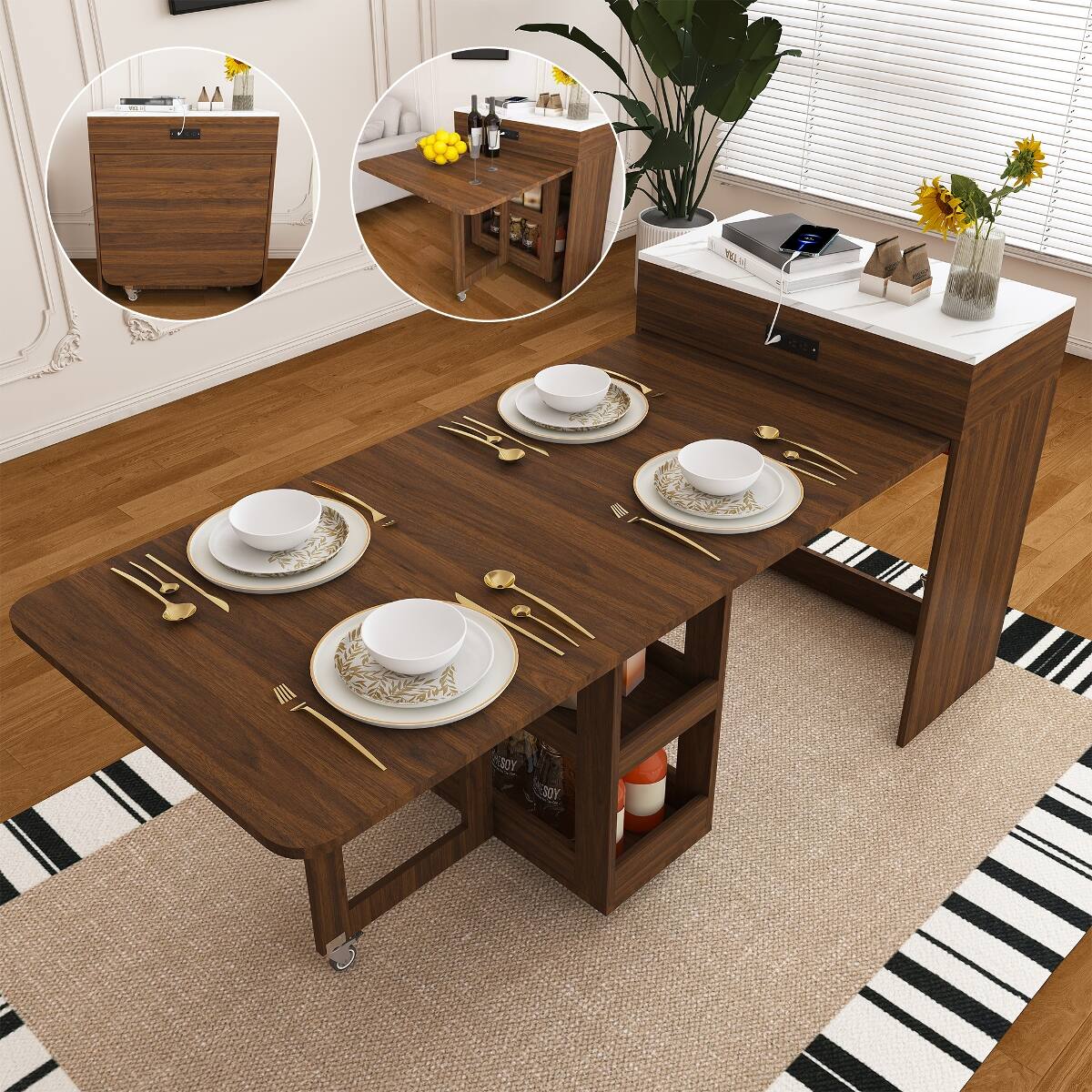 Loheer 74 inch Expandable Dining Table with Power Socket, Walnut ...