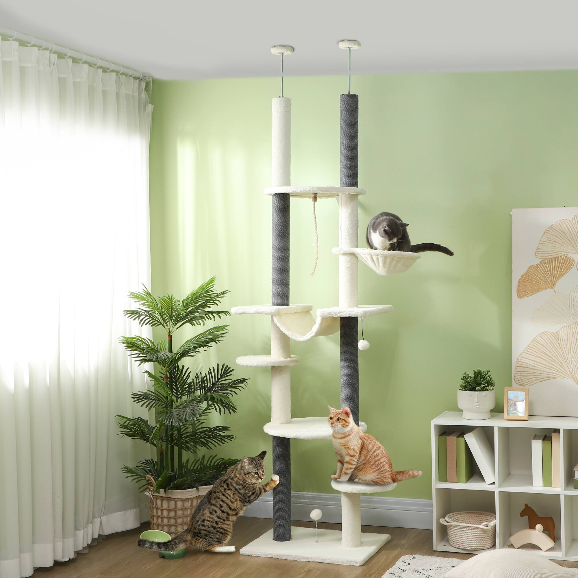 Angle. Pawhut - Cat Tree Tower, Floor to Ceiling, Adjustable (89"-100"), 7 Tier, Scratching Posts, Hammock, Balls, Rope, Indoor - White.