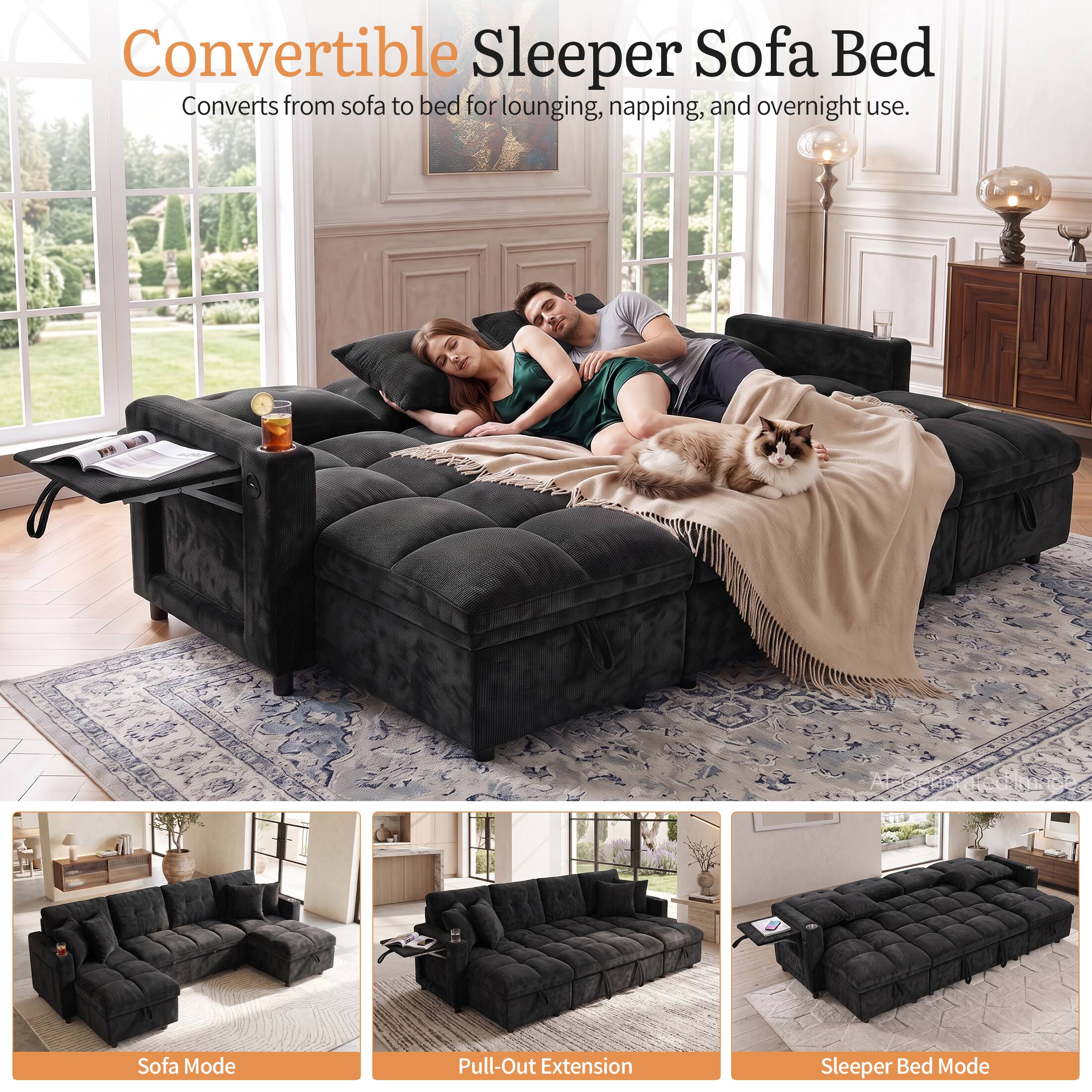 Convertible Sleeper Sofa Bed  
Converts from sofa to bed for lounging, napping, and overnight use.

Sofa Mode  
Pull-Out Extension  
Sleeper Bed Mode