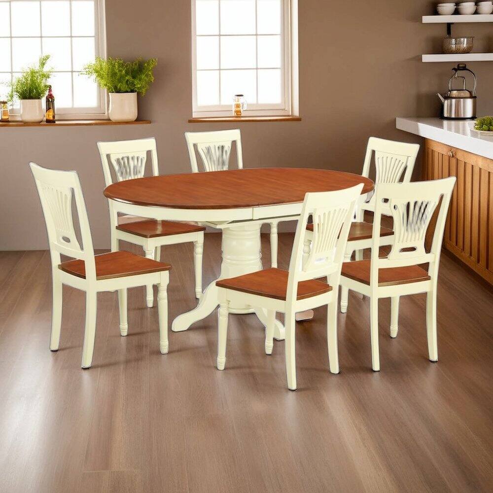 Back. FurniFact - Elegant Oval Dining Table Set for 6 with Leaf and Solid Wood Chairs - Buttermilk & Cherry.