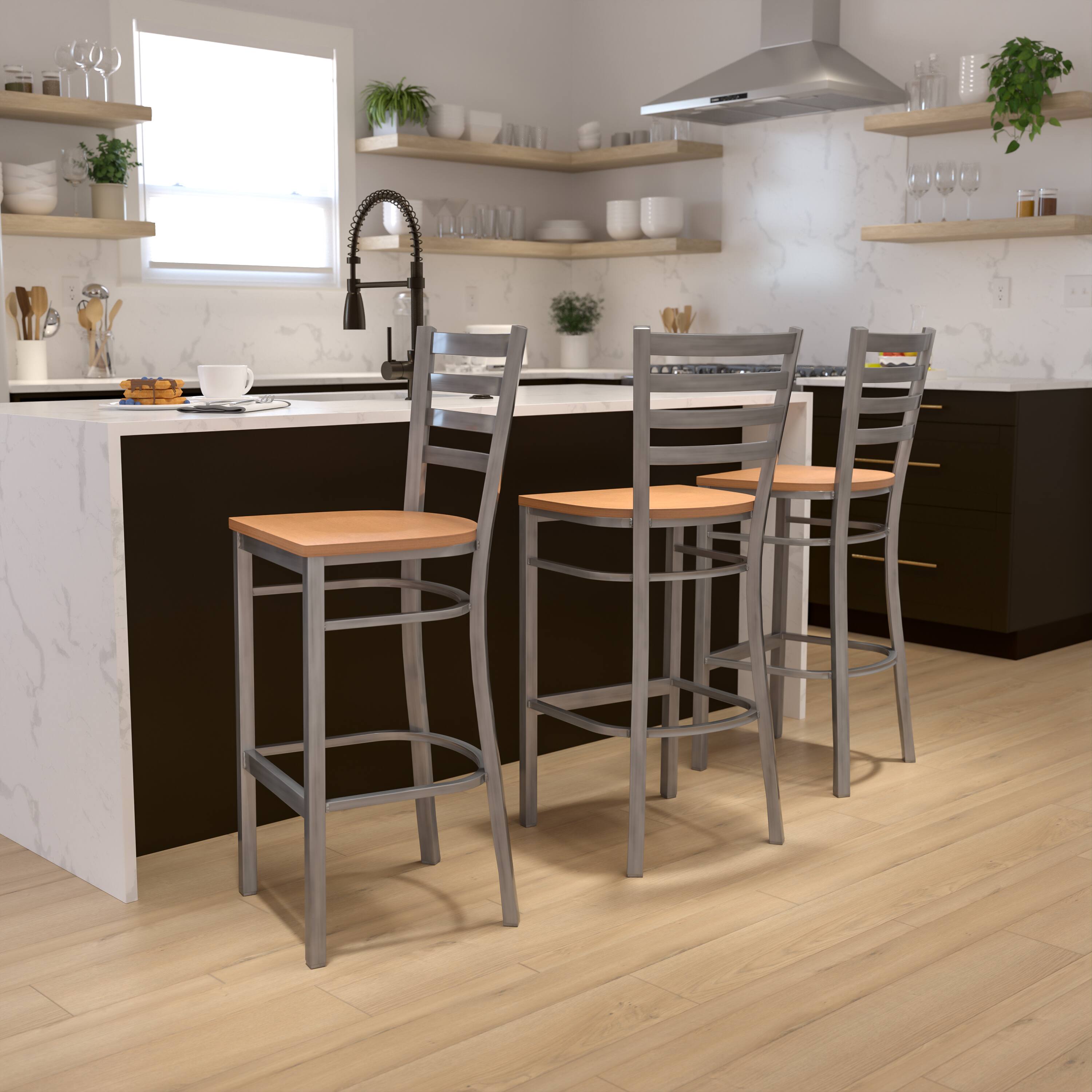 Alt View 1. Emma + Oliver - Clear Coated Ladder Back Metal Restaurant Dining Barstool - Natural Wood Seat/Clear Coated Metal Frame.
