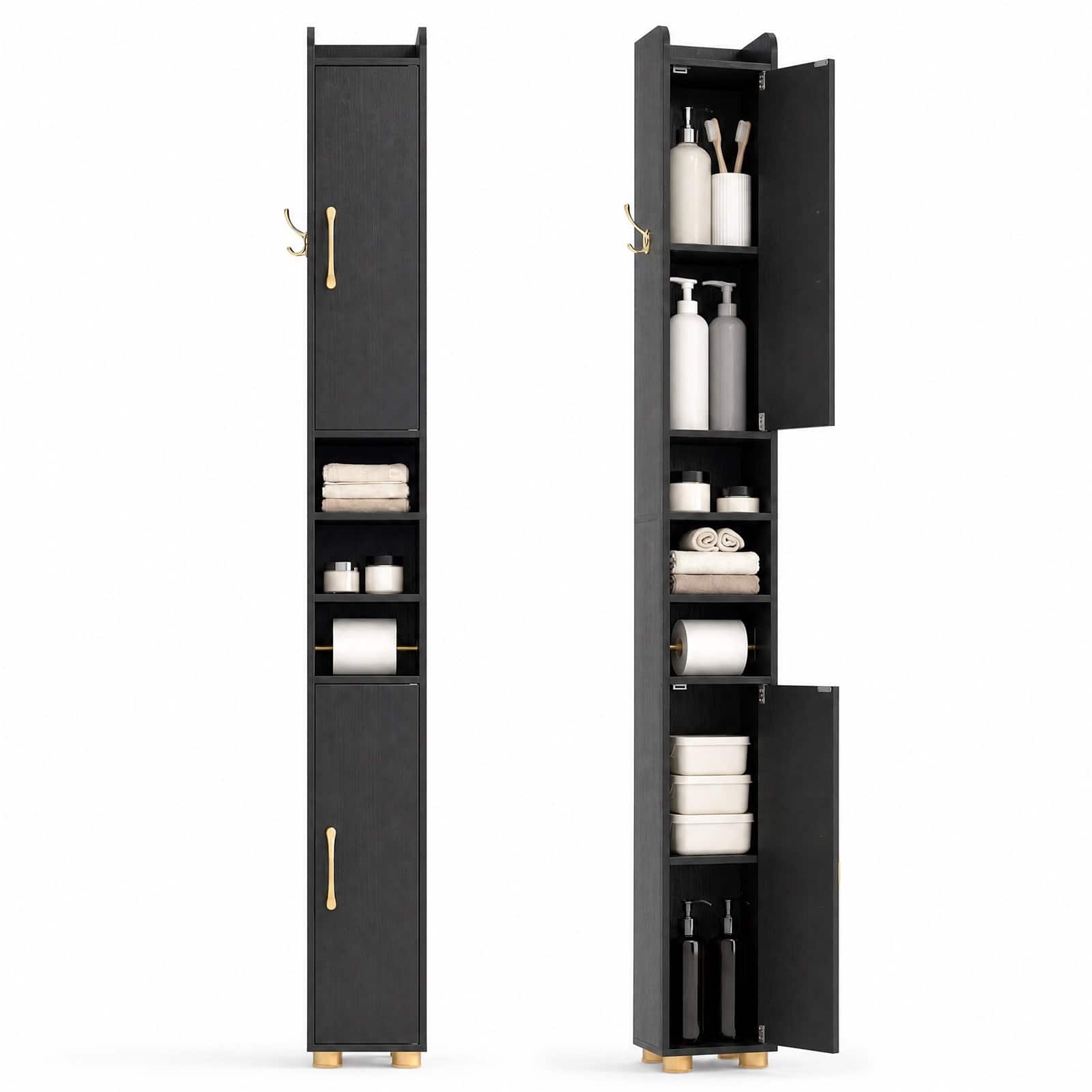 Costway - 2 PCS Narrow Bathroom Cabinet with 2 Doors & Adjustable Shelves for Small Spaces - Black price history on PriceWatchPro