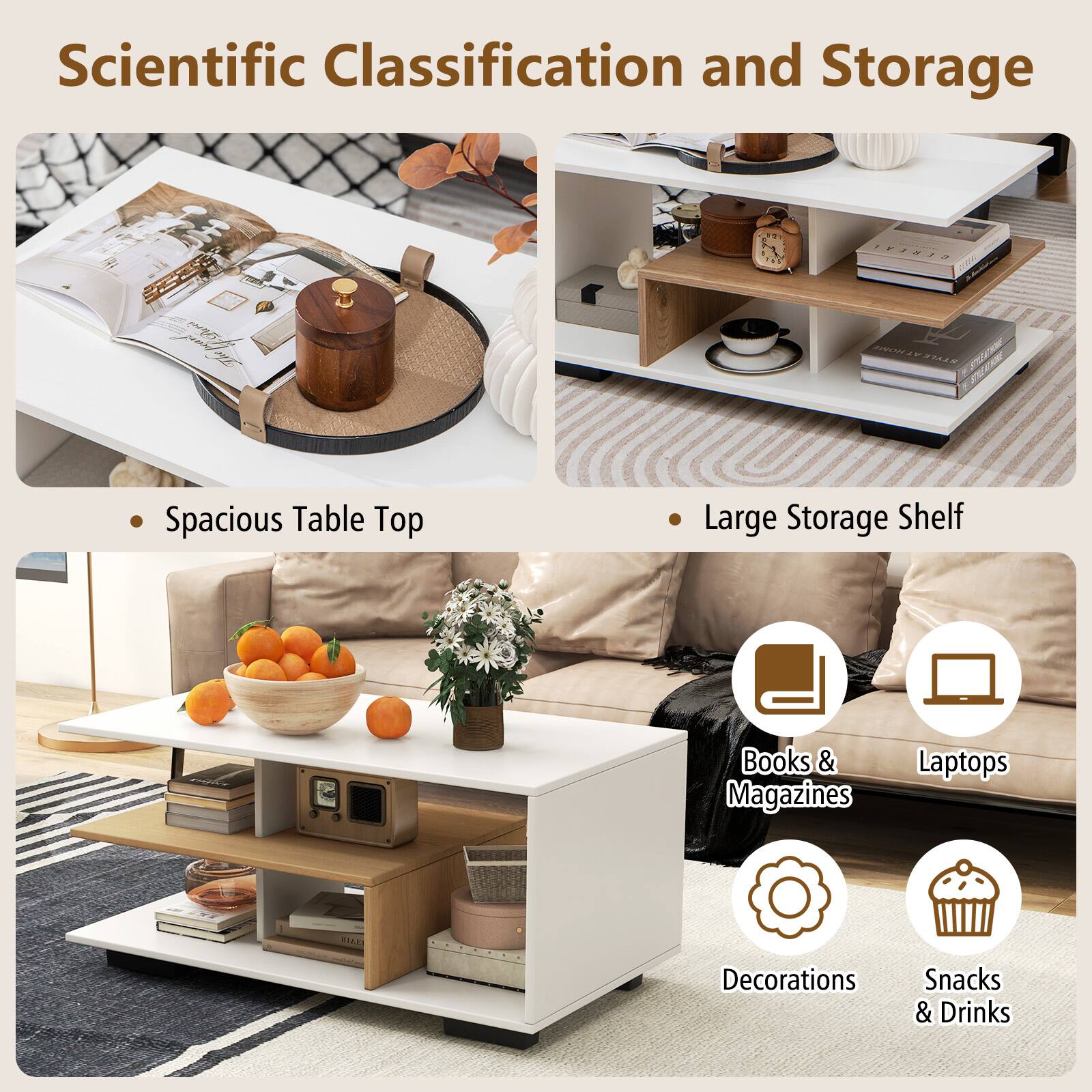 Scientific Classification and Storage - Spacious Table Top Large Storage Shelf Books & Magazines Laptops Decorations Snacks & Drinks