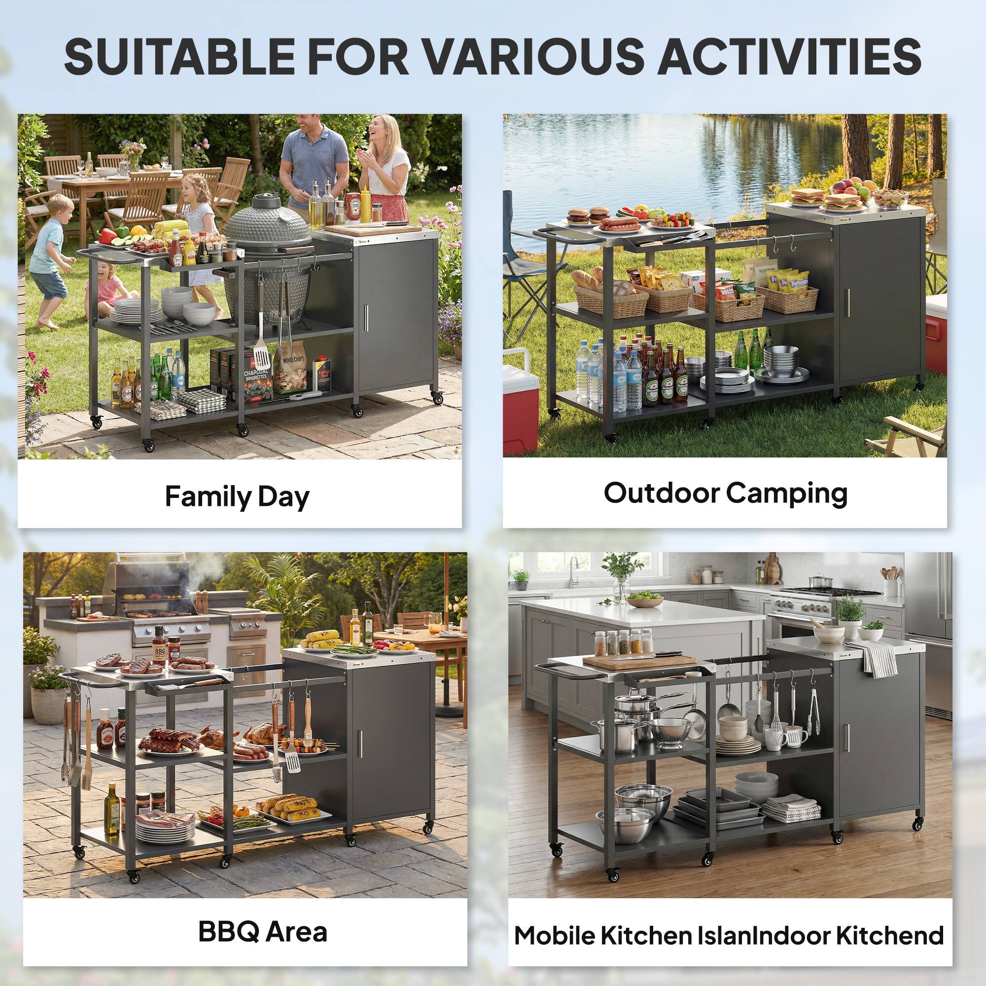 SUITABLE FOR VARIOUS ACTIVITIES

1. Family Day
2. Outdoor Camping
3. BBQ Area
4. Mobile Kitchen Island/Indoor Kitchen