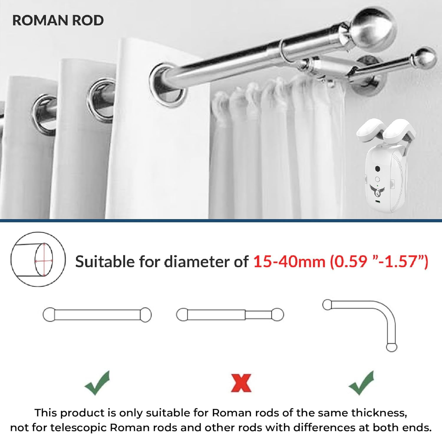 ROMAN ROD

Suitable for diameter of 15-40mm (0.59" - 1.57")

This product is only suitable for Roman rods of the same thickness, not for telescopic Roman rods and other rods with differences at both ends.