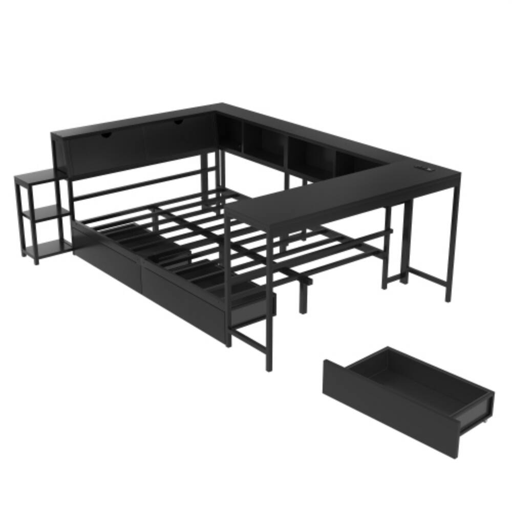 Left. LUCKY ONE - Full Size Corner Bed Frame with Bookcase, 2 Under-Bed Drawers, LED Lights, Charging Station, Left or Right Assembly - Black.