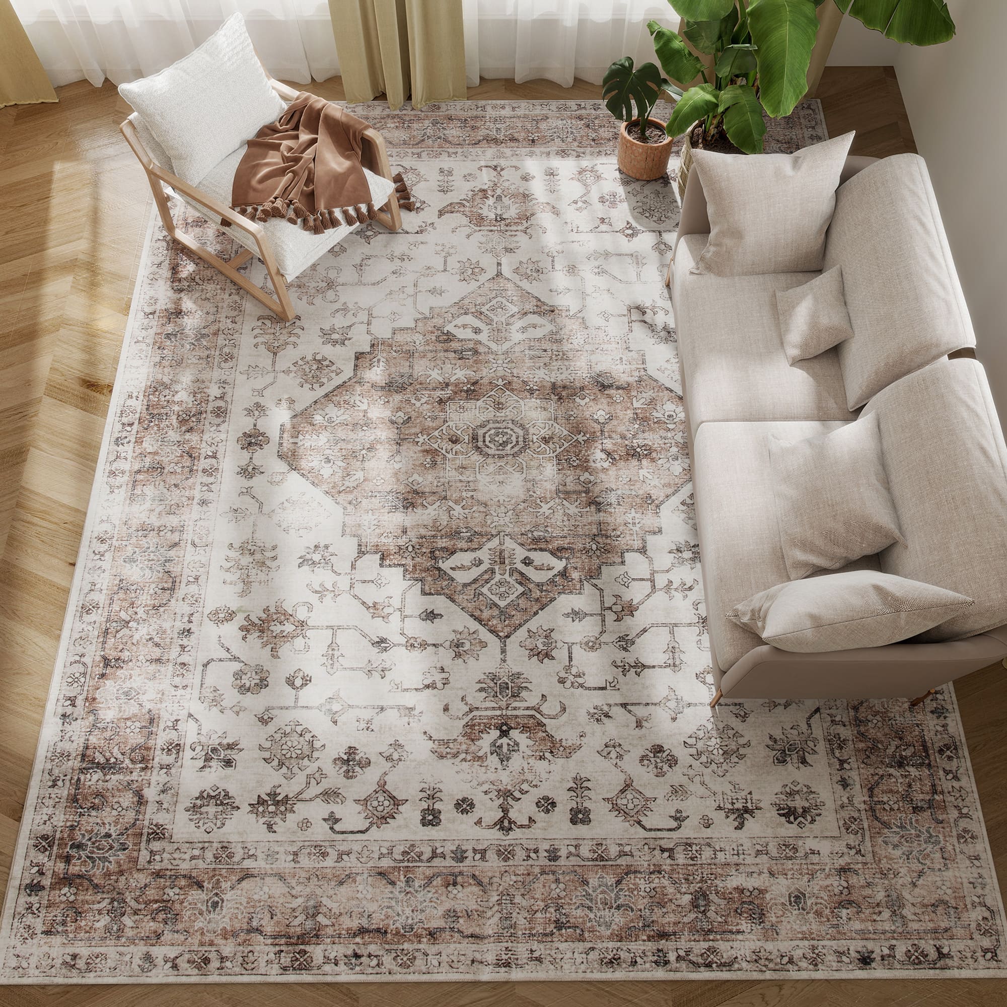 Homcom - 8x10 Rug: Vintage Mach-Wash Non-Slip Distressed Carpet, Indoor Area High Traffic - Tan