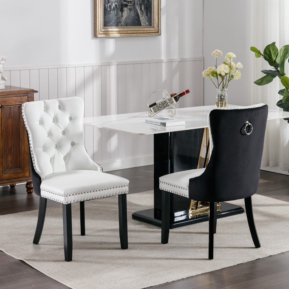 Loheer - Tufted Solid Wood Dining Chairs Set of 2 Modern PU Velvet Nailhead Trim White Black - White+Black price history on PriceWatchPro