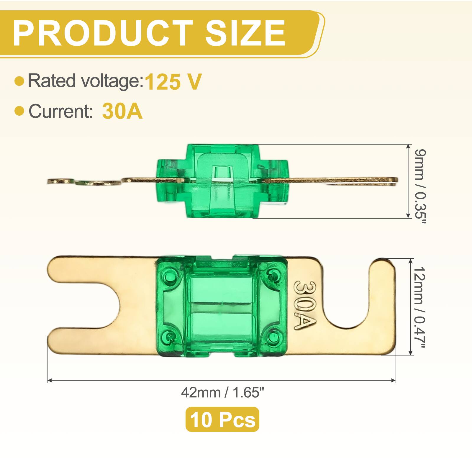 PRODUCT SIZE  
- Rated voltage: 125 V  
- Current: 30A  

9mm / 0.35"  
12mm / 0.47"  
42mm / 1.65"  

10 Pcs