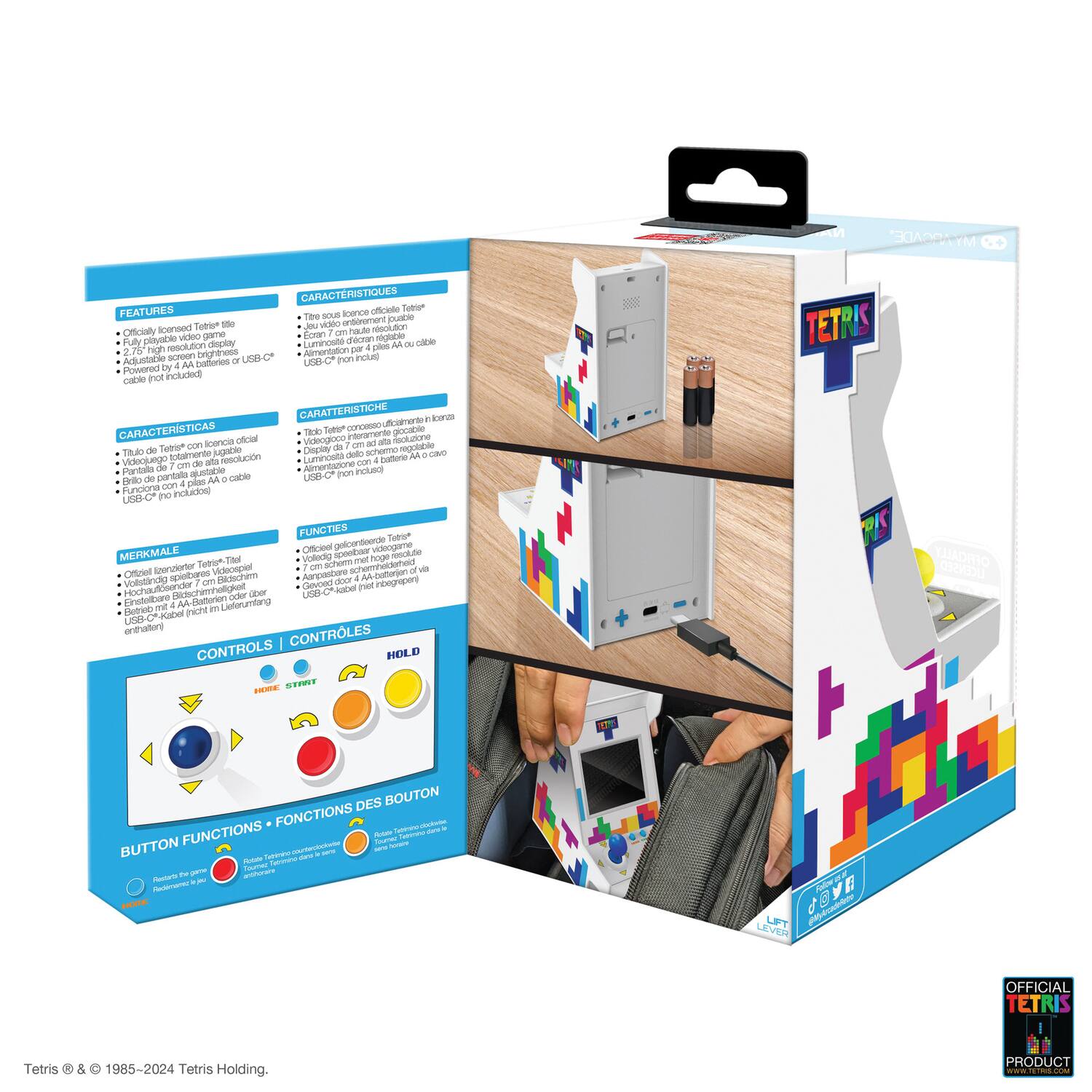 **Features**

- Officially licensed Tetris game
- 2.75" high resolution display
- Powered by 4 AA batteries or USB-C cable (not included)

**Caracteristiques**

- Écran de 7 cm de hauteur
- Alimentation par 4 piles AA ou par câble USB-C

**Características**

- Pantalla de 7 cm de altura
- Alimentación por 4 pilas AA o por cable USB-C

**Merkmale**

- Offiziell lizenzierter Tetris-Handheld
- 2,75" hoch Auflösung
- Stromversorgung über 4 AA Batterien oder USB-C-Kabel

**Fonctions**

- Écran de 7 cm de hauteur
- Alimentation par 4 piles AA ou par câble USB-C

**Controls**

- Hold
- More
- Start

**Button Functions**

- Hold
- More
- Start

**Caracteristiques**

- Écran de 7 cm de hauteur
- Alimentation par 4 piles AA ou par câble USB-C

**Características**

- Pantalla de 7 cm de altura
