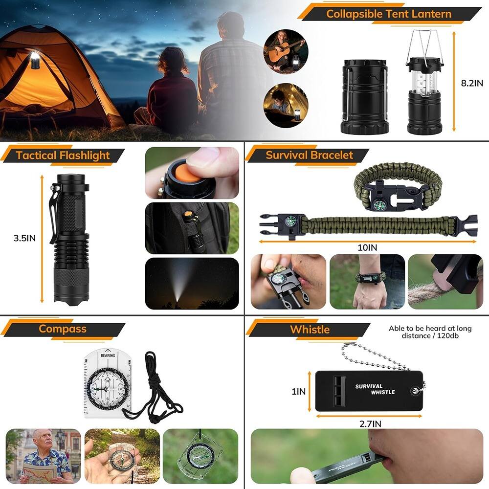 Collapsible Tent Lantern 8.2IN Tactical Flashlight Survival Bracelet 3.5IN 10IN Compass 1IN Able to be heard at long distance/120db SURVIVAL WHISTLE 2.7IN