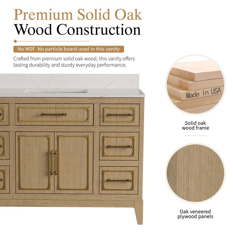Premium Solid Oak Wood Construction  
No MDF No particle board used in this vanity  
Crafted from premium solid oak wood, this vanity offers lasting durability and sturdy everyday performance.  
In USA  
Made Solid oak wood frame  
Oak veneered plywood panels