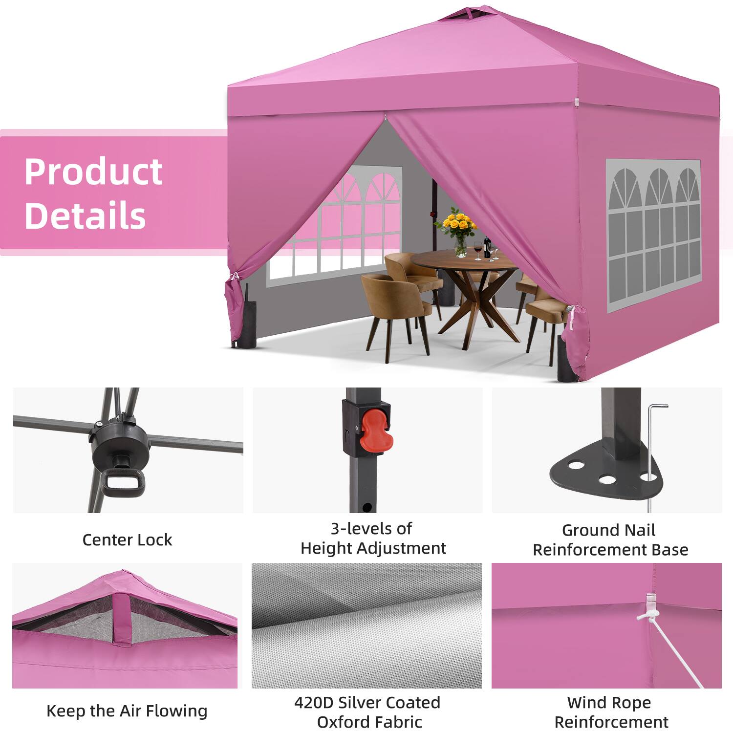 Product Details  
- Center Lock  
- 3-levels of Height Adjustment  
- Ground Nail Reinforcement Base  
- Keep the Air Flowing  
- 420D Silver Coated Oxford Fabric  
- Wind Rope Reinforcement