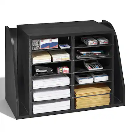 Front. VEVOR - Literature Organizer, 12 Compartments Office Mailbox with Side Vertical Storage, Wooden Mailbox Sorter Made of Particle - Black.