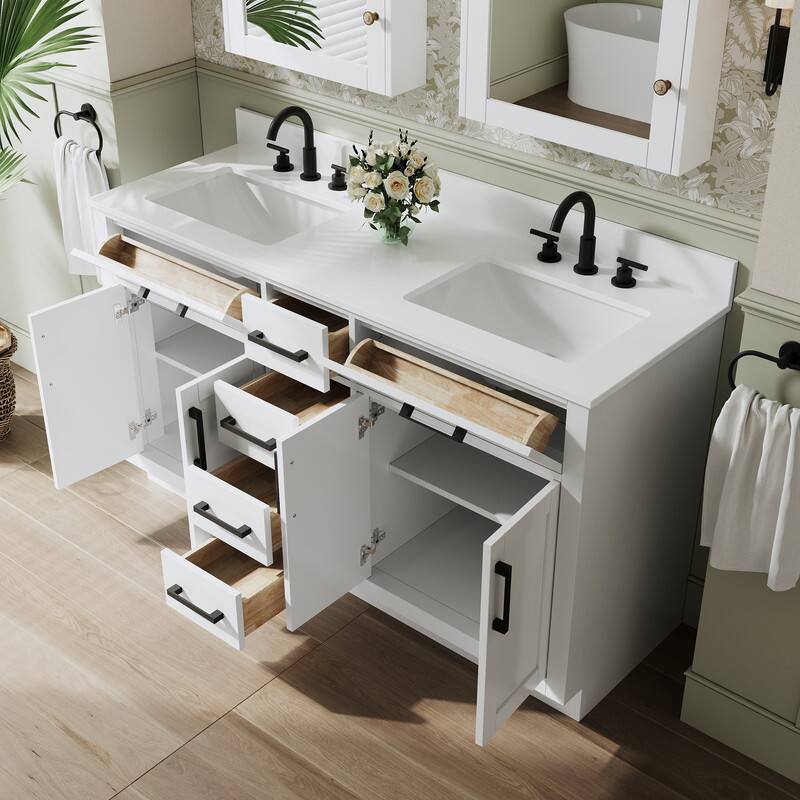 Left. WELLFOR - 60 in Solid Wood Bathroom Vanity with Double Sink,4 Doors,6 Drawers& Cultured Marble Countertop,Matte Black Handle - White.