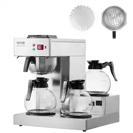VEVOR - 12 Cups Commercial Drip Coffee Maker, Coffee Maker Machine with 3 Glass Carafes and 3 Warmer Plates, Stainless Steel - Silver