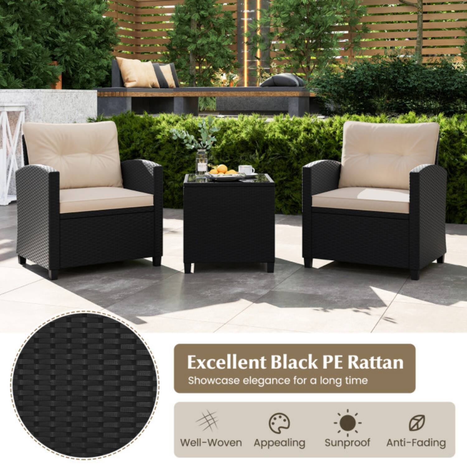 Excellent Black PE Rattan  
Showcase elegance for a long time  

Well-Woven  
Appealing  
Sunproof  
Anti-Fading
