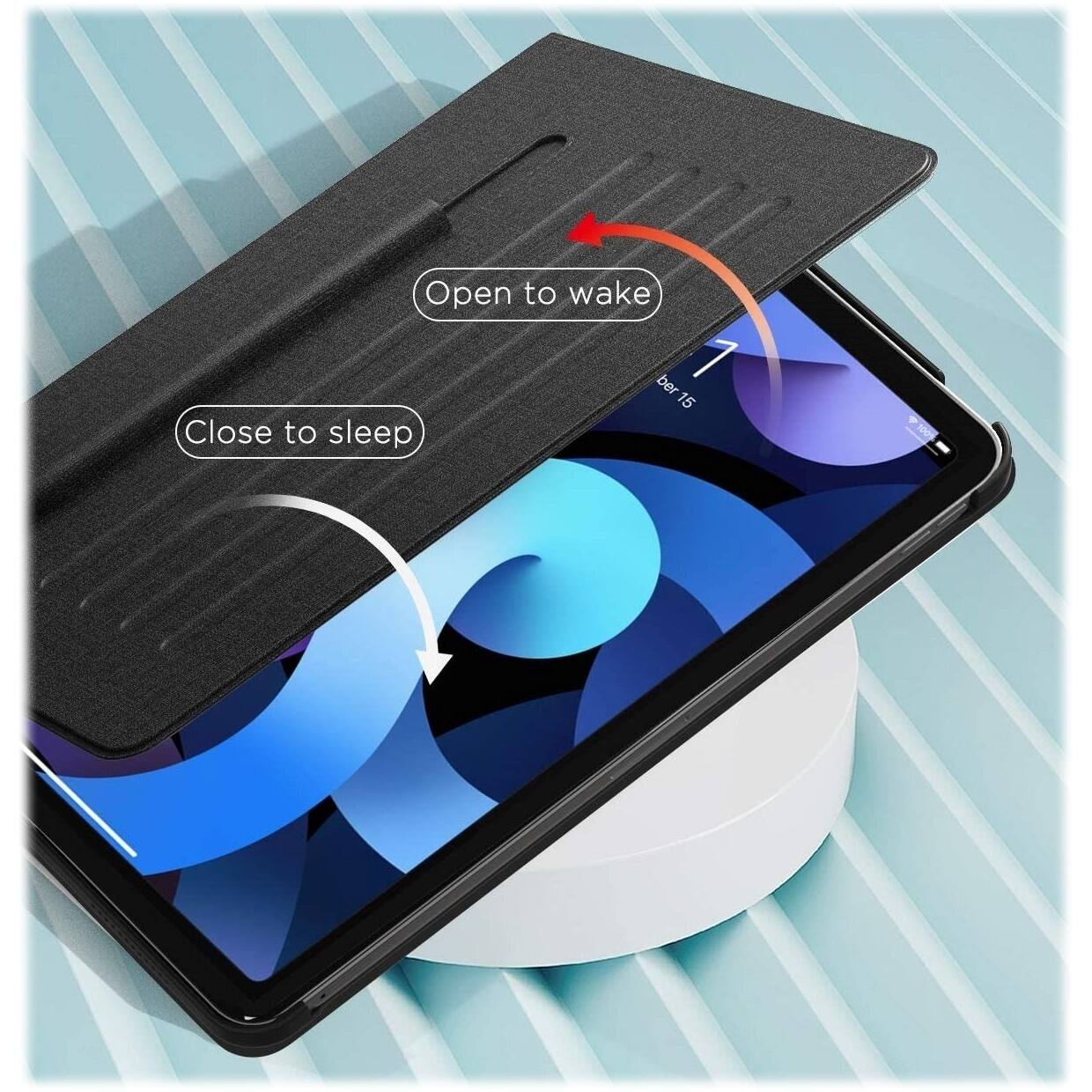 The image features a tablet case with a built-in stand that allows the user to open the case and wake the tablet when needed. The case is designed to keep the tablet secure and protected while also providing a convenient way to use the device. The case is open in the image, revealing the tablet inside.
