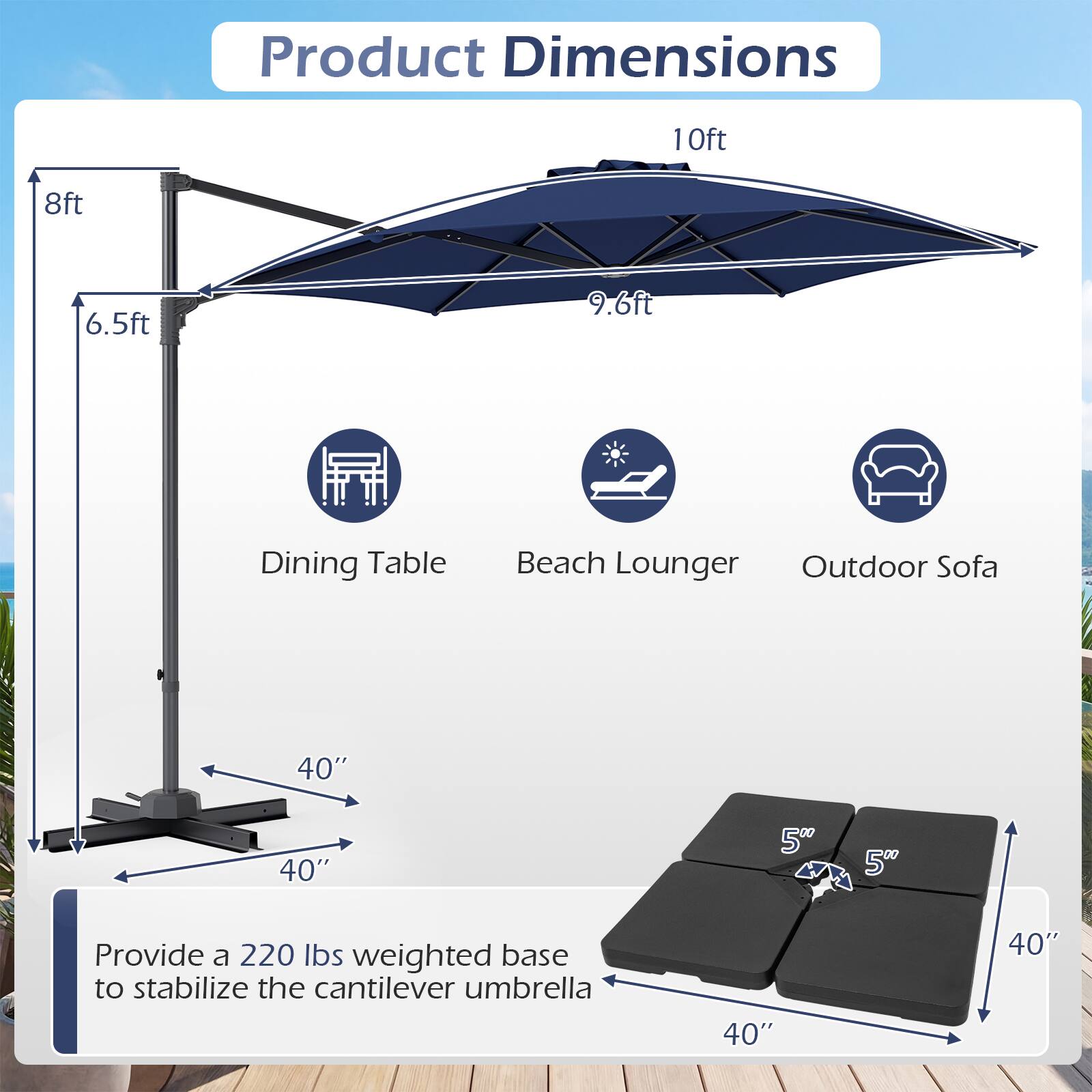 Product Dimensions

- 10ft
- 8ft
- 6.5ft
- 9.6ft

Dining Table, Beach Lounger, Outdoor Sofa

40" x 40" x 500

Provide a 220 lbs weighted base to stabilize the cantilever umbrella

40" x 40"