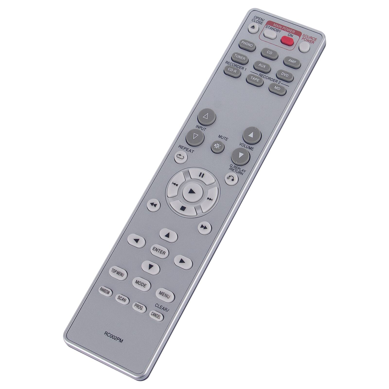 CLORE OPENI STANDBY MAIN POWER ON SOURCE PHONO CD TUNER AMP RECORDER CO-R 1 AUX DVD TAPC RECORDER 2 MD A INPUT V REPEAT MUTE VOLUME He C2MP AY RETURN ENTER TOF MENU TOP MODE FARNDOW MENU SCAN PROG CLEAR CANCEL AC002PM

Corrected text from the image:

CLORE OPENI STANDBY MAIN POWER ON SOURCE PHONO CD TUNER AMP RECORDER CO-R 1 AUX DVD TAPC RECORDER 2 MD A INPUT V REPEAT MUTE VOLUME He C2MP AY RETURN ENTER TOF MENU TOP MODE FARNDOW MENU SCAN PROG CLEAR CANCEL AC002PM