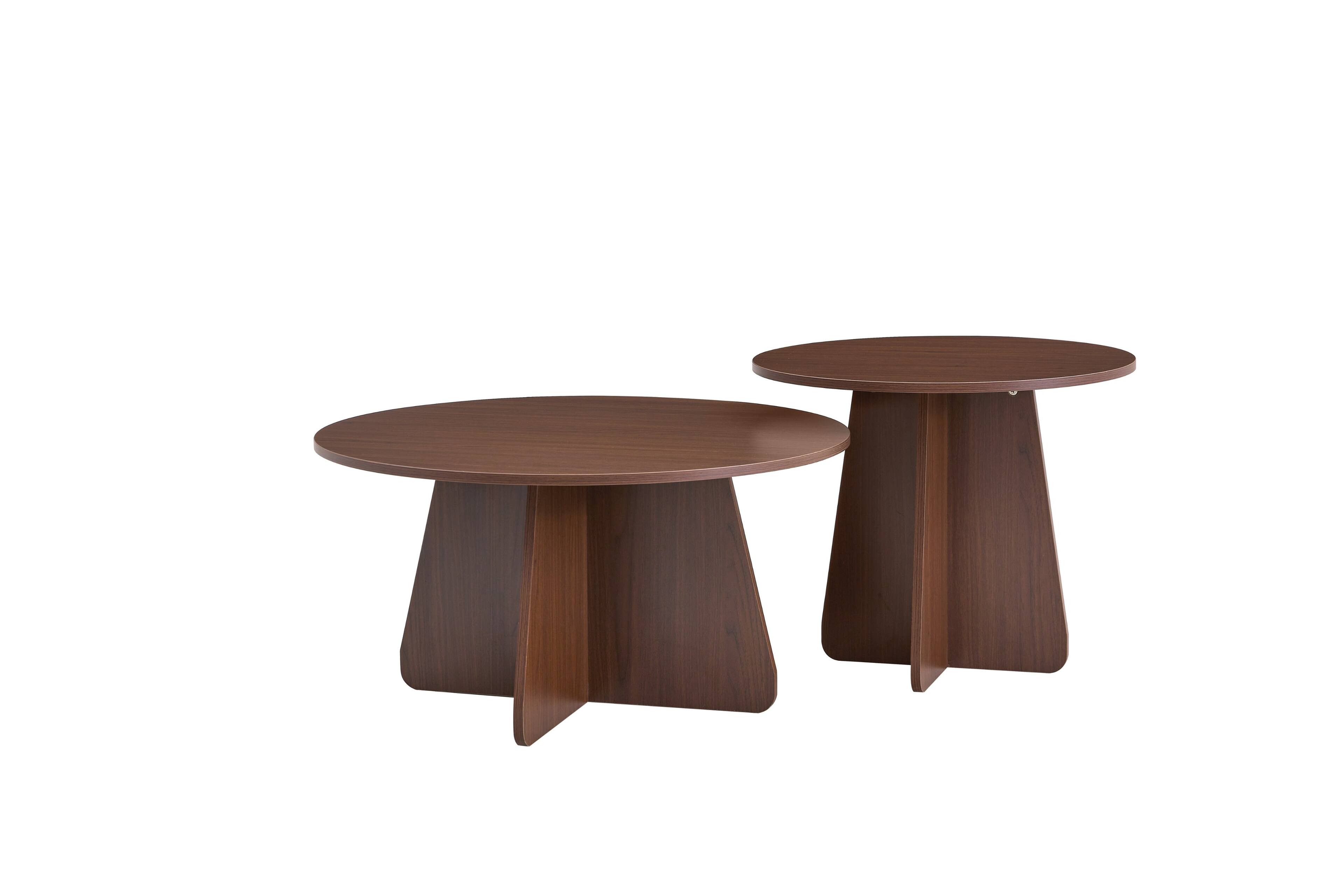 Left. Whisen - 2-Piece Round Nesting Coffee Table Set for Living Room, Minimalist Modern Entryway Side Tables - Walnut.