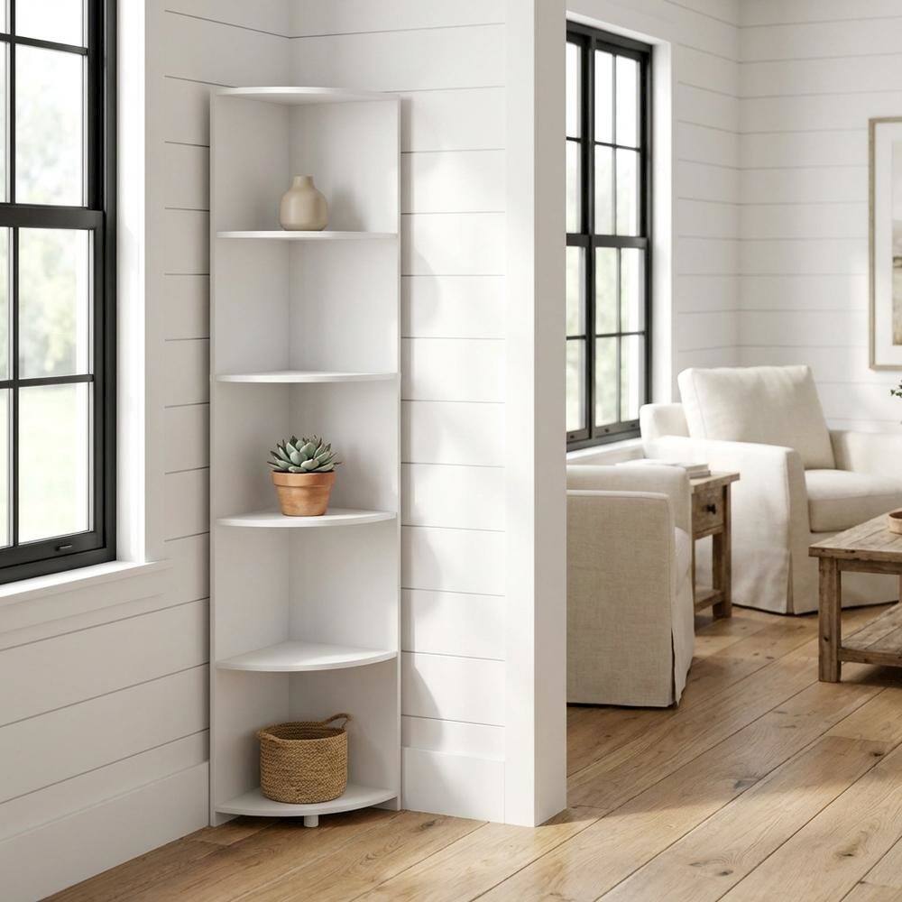 Angle. FurniFact - Wood Bookcase with Open Shelving for Storage and Organization - White.