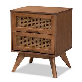 Baxton Studio - Barrett Mid-Century Modern Finished Wood and Synthetic Rattan 2-Drawer Nightstand - Walnut Brown