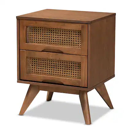 Front. Baxton Studio - Barrett Mid-Century Modern Finished Wood and Synthetic Rattan 2-Drawer Nightstand - Walnut Brown.