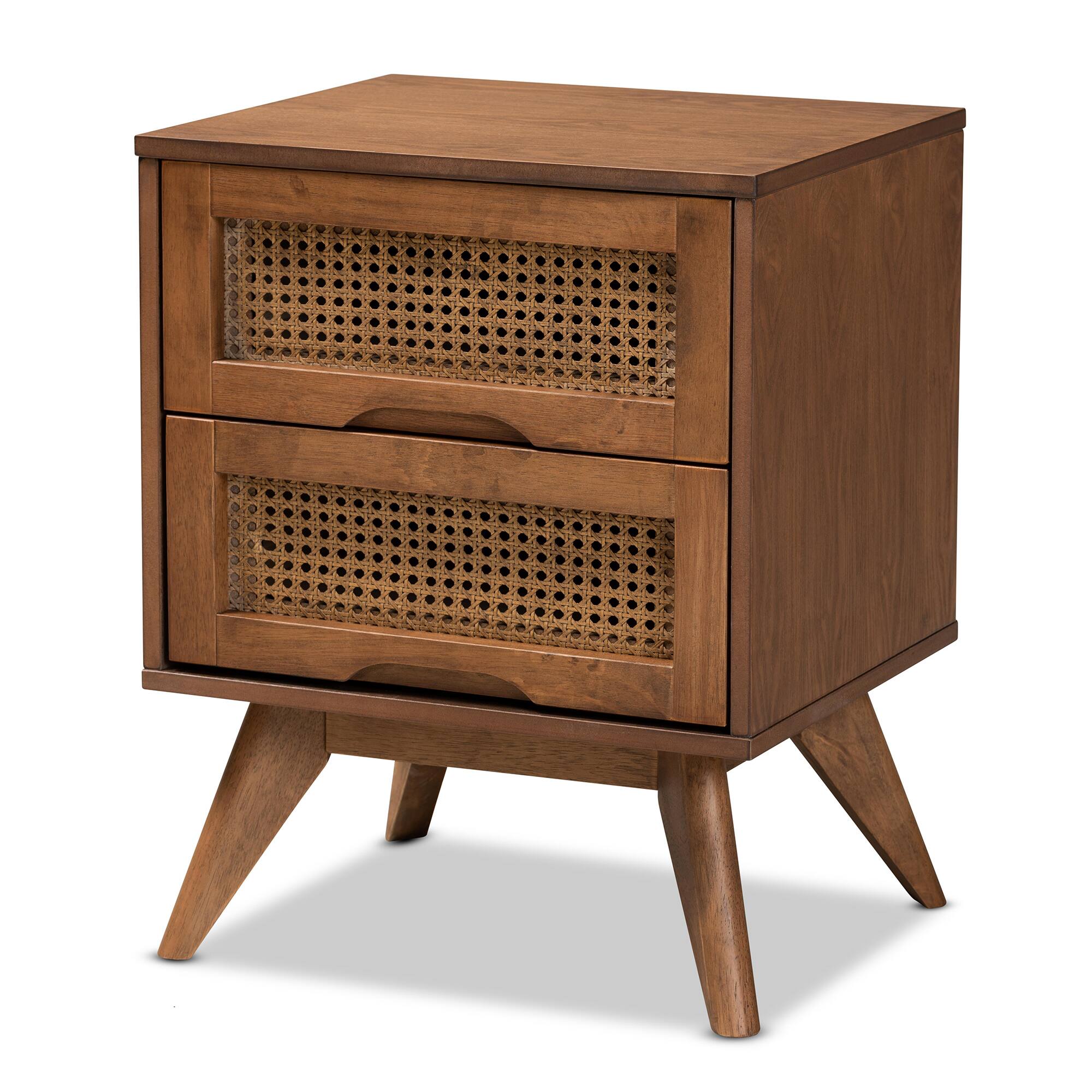 Front. Baxton Studio - Barrett Mid-Century Modern Finished Wood and Synthetic Rattan 2-Drawer Nightstand - Walnut Brown.