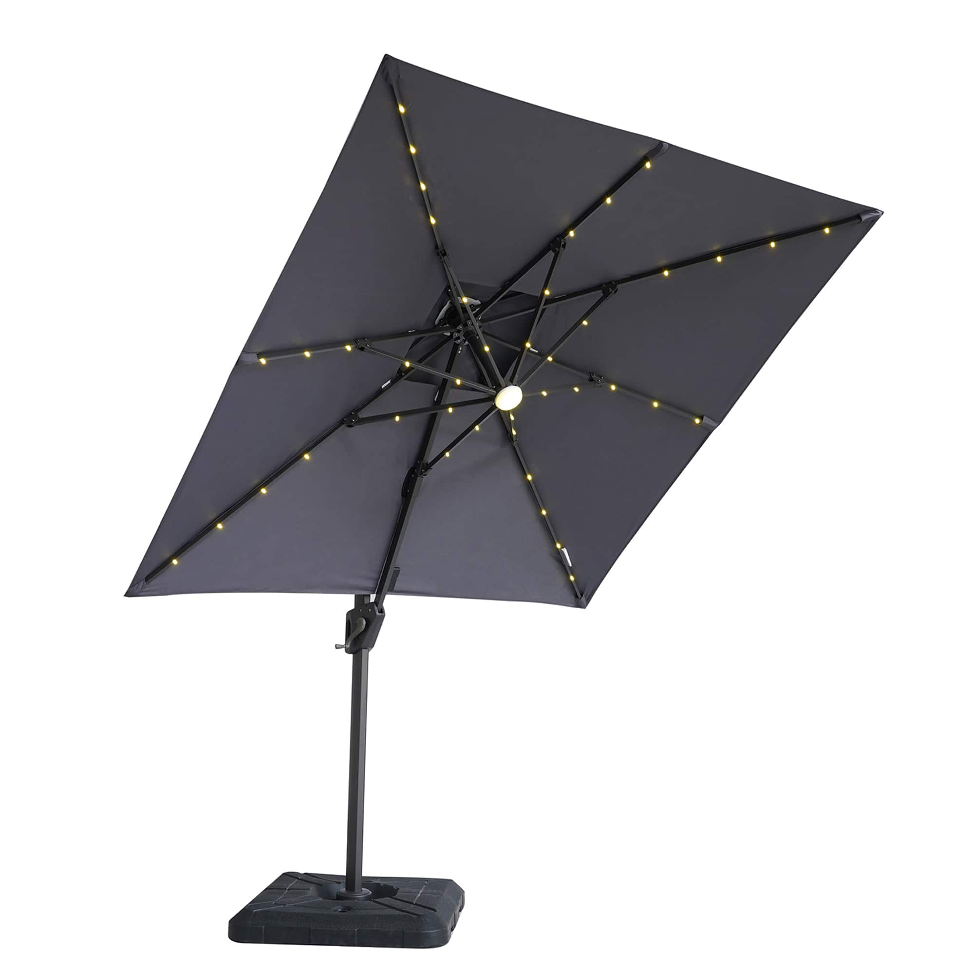 Vaczon - 8ft Patio Market Umbrella with Solar LED and Base with Crank for Pool Beach Deck Backyard Light - Gray