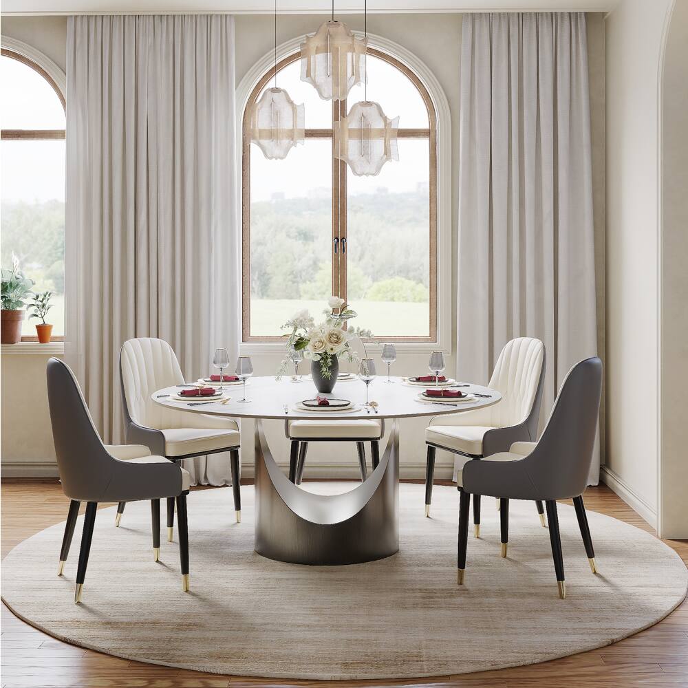 Angle. POVISON - 59" Round White Matte Sintered Stone Dining Table with Gray U-shaped Steel Base - White Matte Sintered Stone with Gray Steel Base.