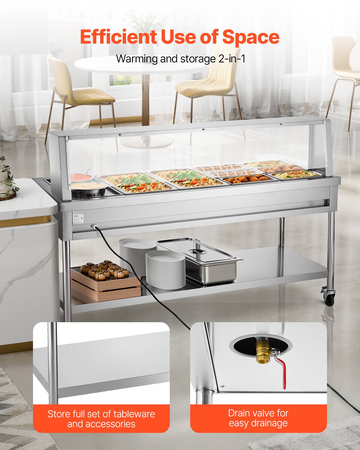 Efficient Use of Space  
Warming and storage 2-in-1  

Store full set of tableware and accessories  

Drain valve for easy drainage