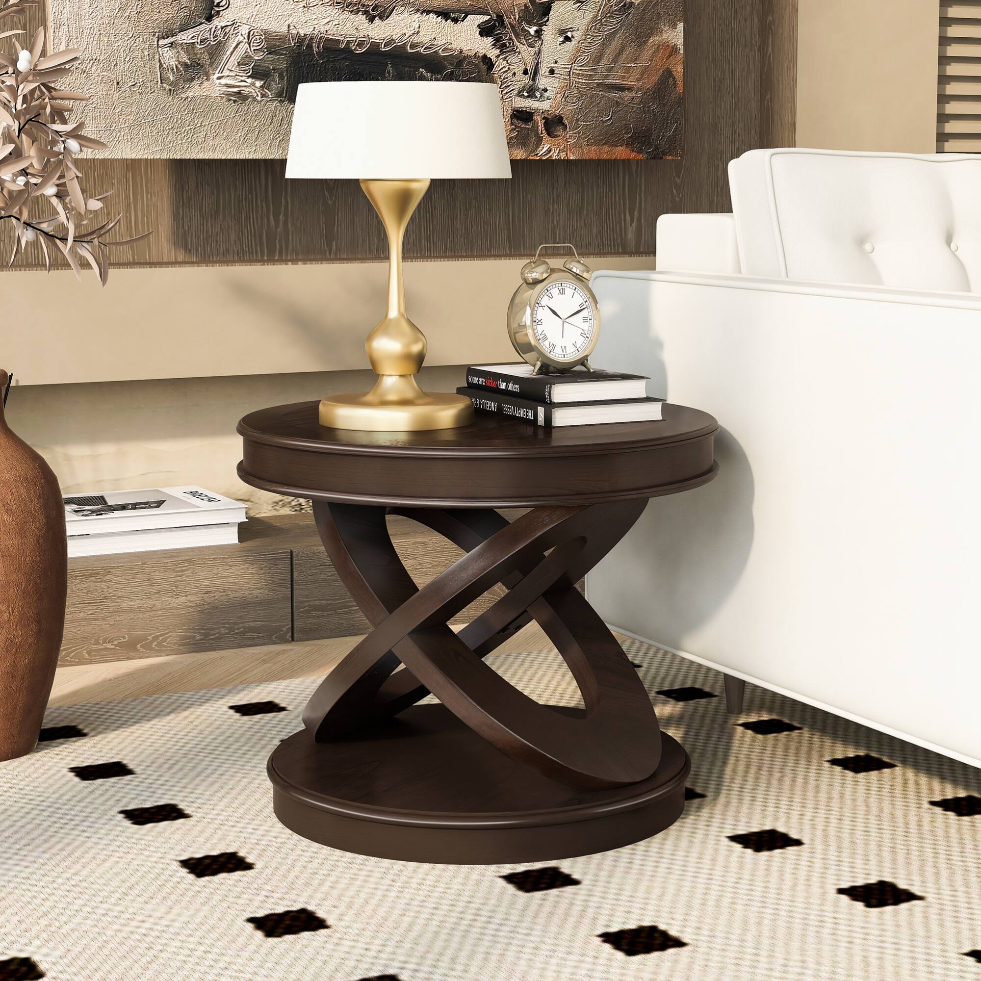 Back. GOODSILO - Retro Round Wooden End Table with X-Shape Base for Living Room or Dining Area - Espresso.