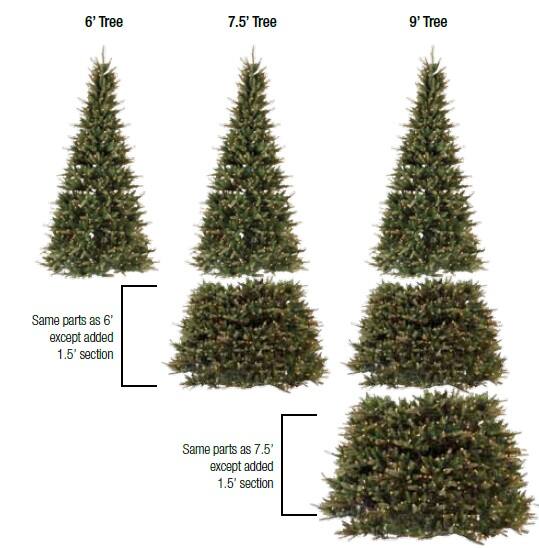 6' Tree  
7.5' Tree  
9' Tree  

Same parts as 6' except added 1.5' section  
Same parts as 7.5' except added 1.5' section