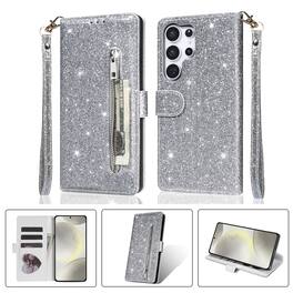 Dteck - Glitter Zipper Wallet Case for Samsung Galaxy S25 Ultra with Card Holder & Wrist Strap,Shockproof Protective Phone Cover - Silver