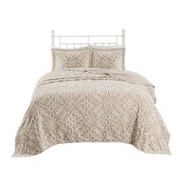 Gracie Mills - Eldridge 3-Piece Tufted Chenille Floral Medallion Bedspread Set - Taupe