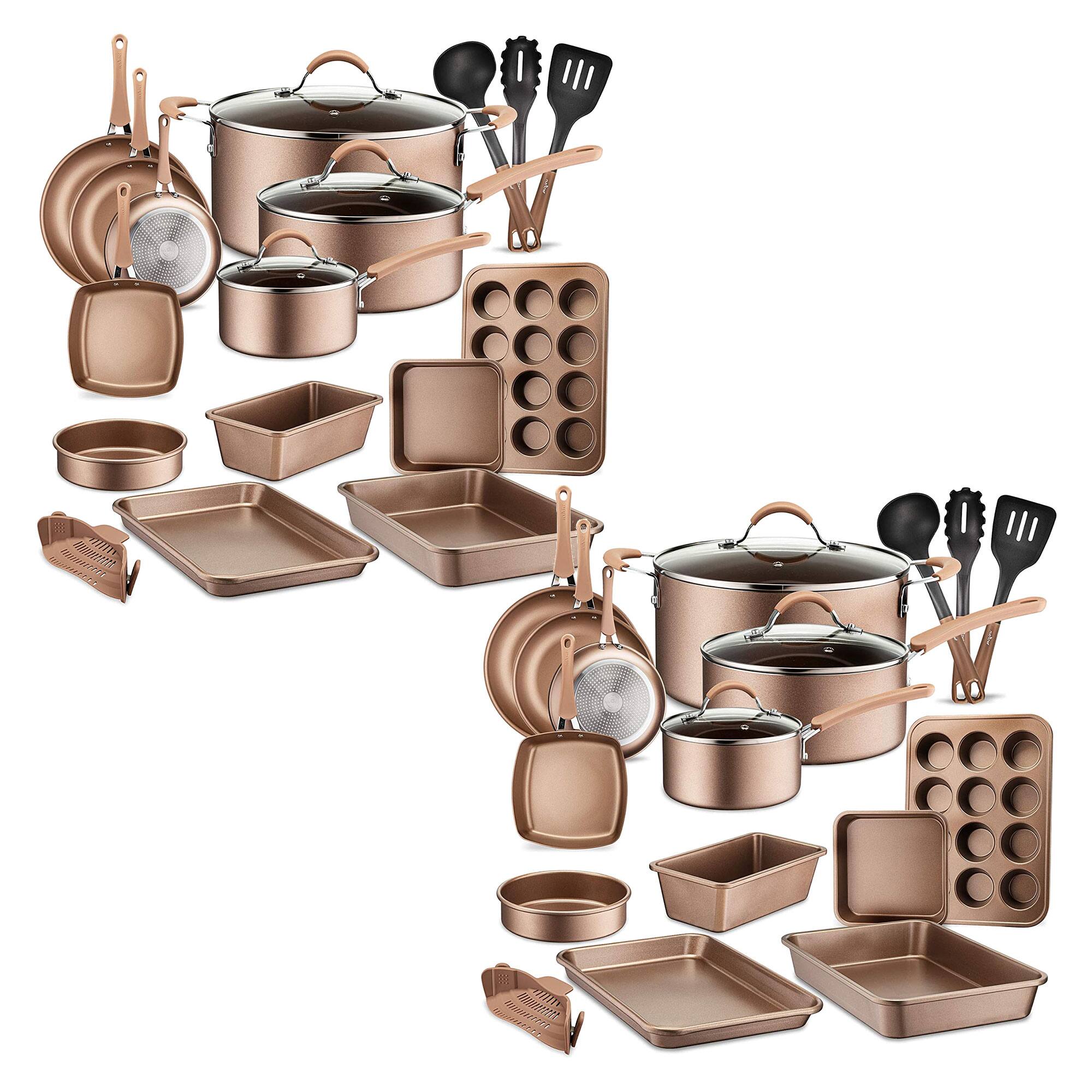 Front. NutriChef - NutriChef 20 Piece Nonstick Kitchen Cookware Pots & Pans Set, Bronze (2 Pack) - Bronze.