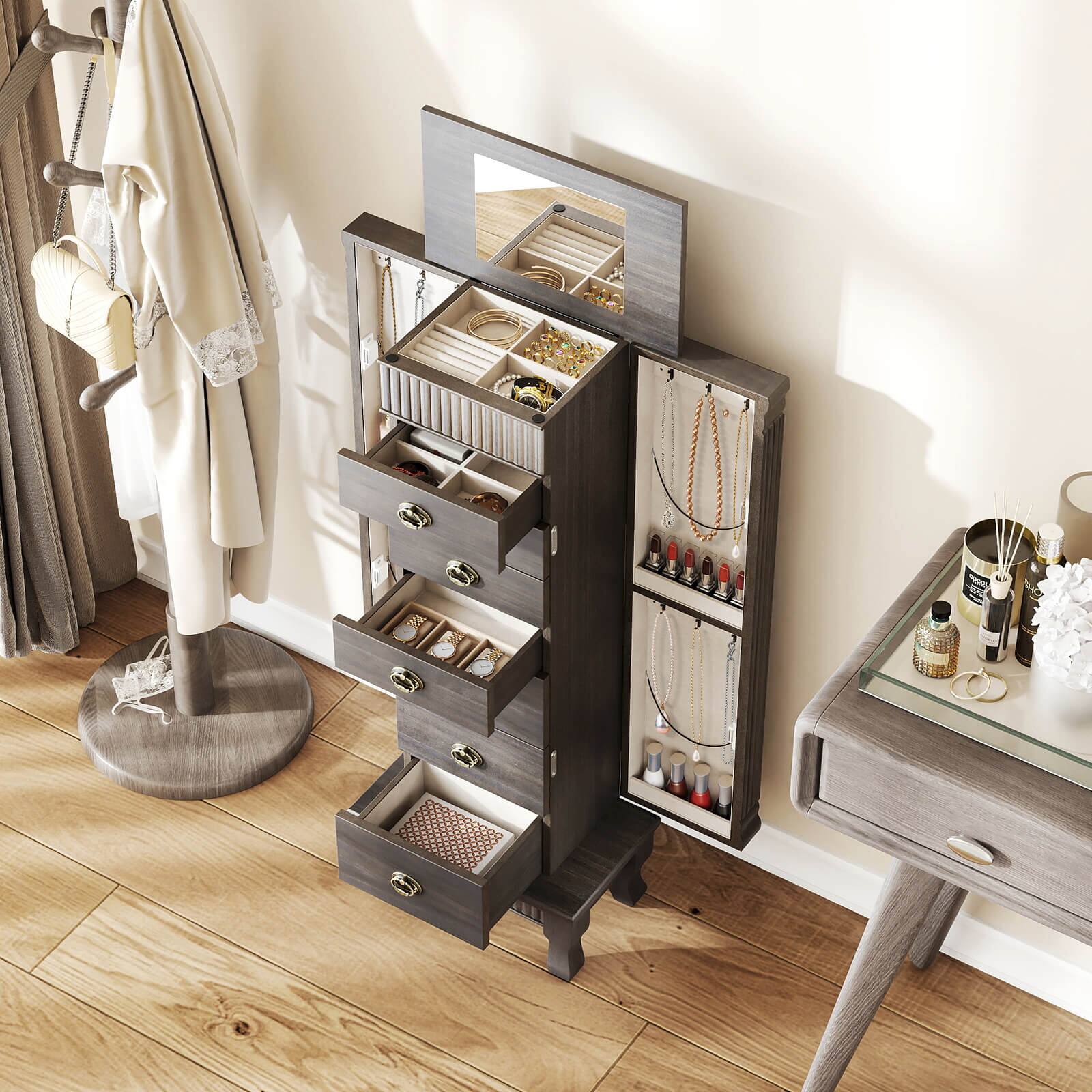 Alt View 4. Costway - Costway Jewelry Cabinet Armoire Box Storage Chest Stand Organizer Wood Christmas Gift - Gray.