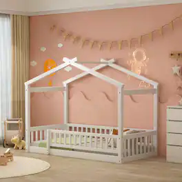 Whisen - Wood House Bed Frame with Fence for Kids and Teens - White
