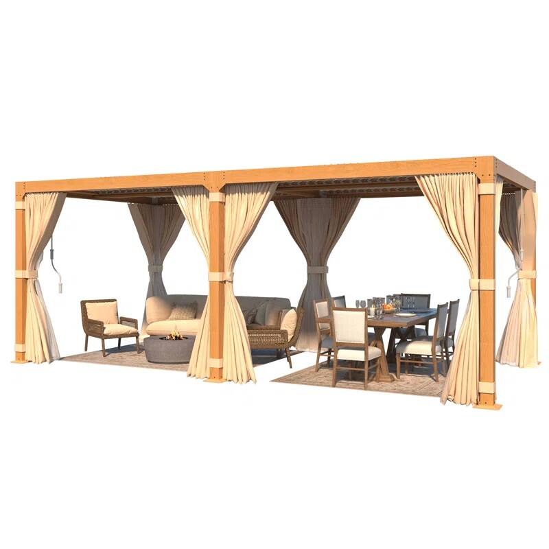Alt View 6. U-HOMY - Wood Grain Aluminum Louvered Pergola Gazebo with Adjustable Rainproof Roof, Curtains & Netting - 10'x20'.