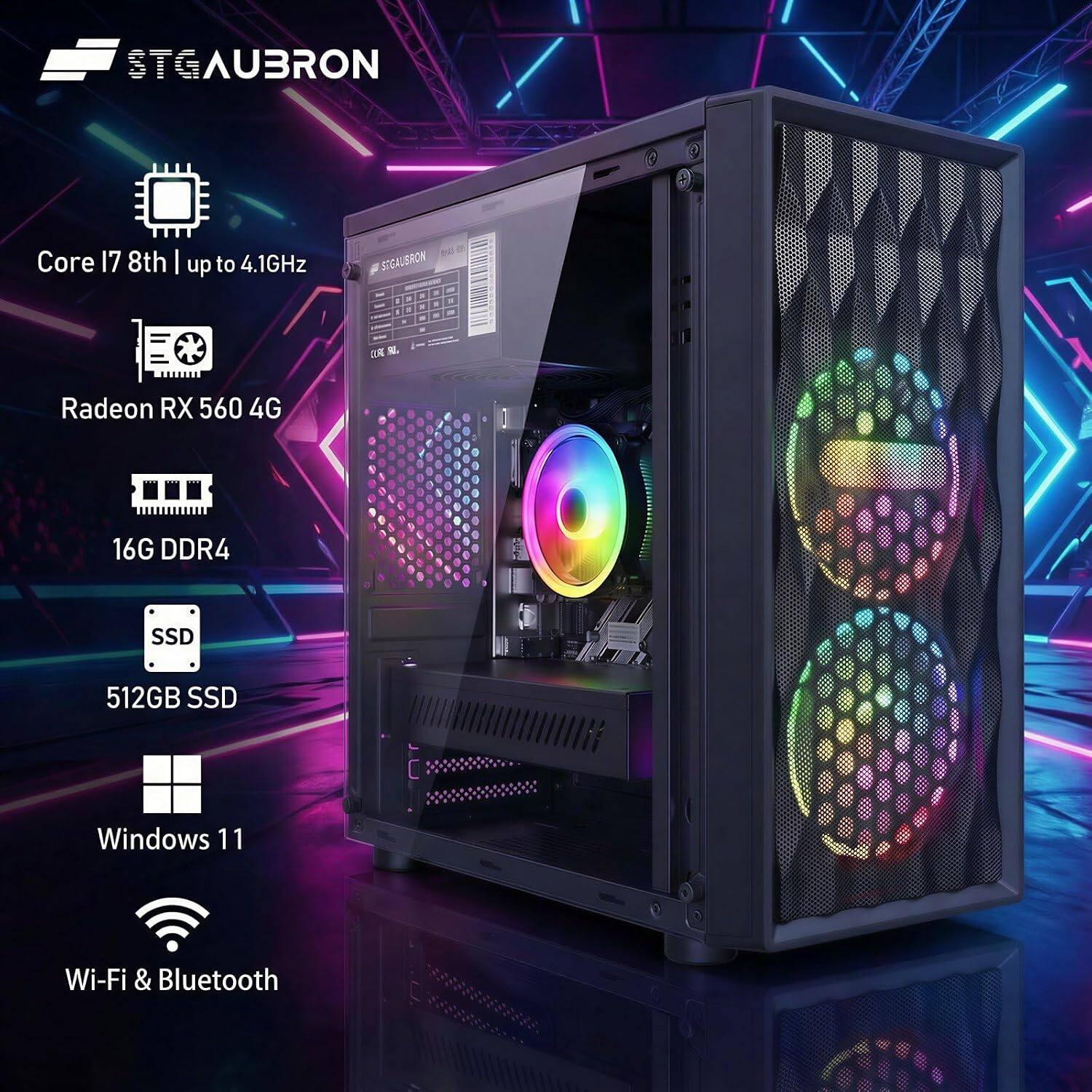 STGAUBRON Core i7 8th | up to 4.1GHz  
Radeon RX 560 4G  
16G DDR4  
512GB SSD  
Windows 11  
Wi-Fi & Bluetooth
