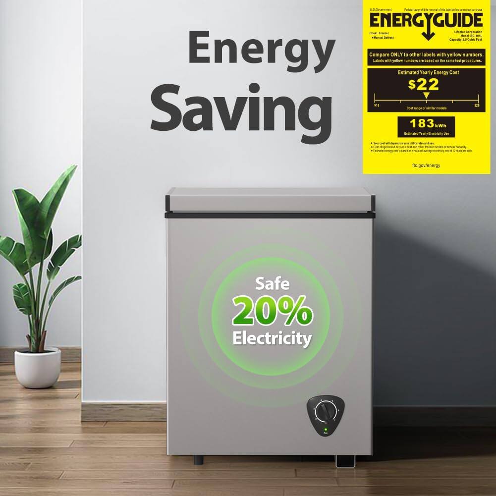 US - ENERGYGUIDE

Compare ONLY to other labels with yellow numbers. Labels with yellow numbers are based on the same test procedures. Estimated Yearly Cost: $22

Cost range of similar models: $16 - $22

Estimated Yearly Electricity Use: 183 kWh

Safe 20% Electricity