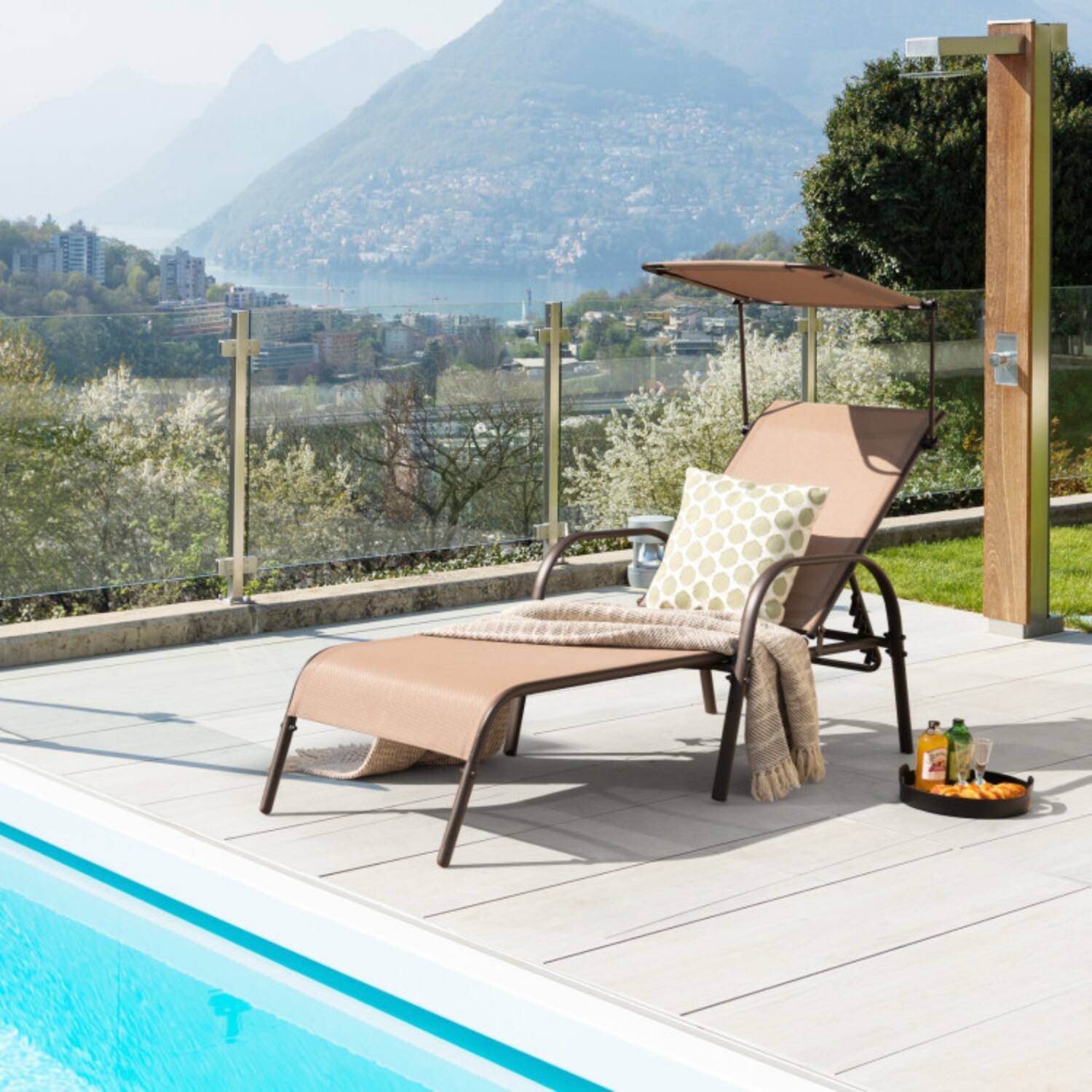 Alt View 2. Mondawe - Patio Heavy-Duty Chaise Lounge Chair w 5-Level Backrest & Rotatable Canopy Cup Holder - Brown.