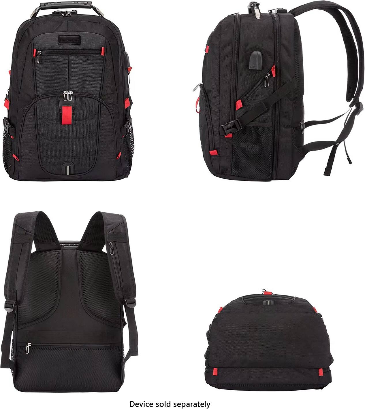 The image shows a variety of black backpacks, including a laptop bag, a messenger bag, and a book bag. The text on the image reads "device sold separately," indicating that the backpacks do not come with a device, and it must be purchased separately.
